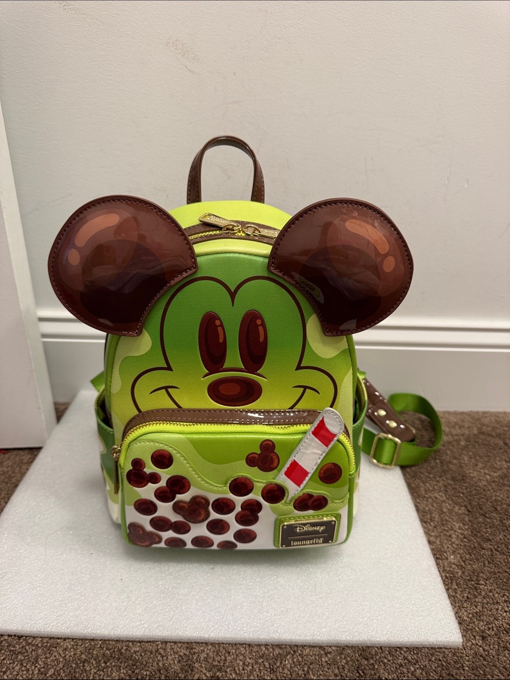 Loungefly Disney Mickey Mouse green boba tea backpack NWT